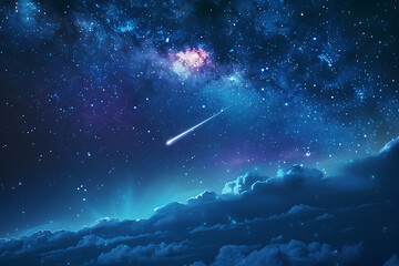 A spectacular shooting star streaks across a night sky filled with twinkling stars and cosmic wonders