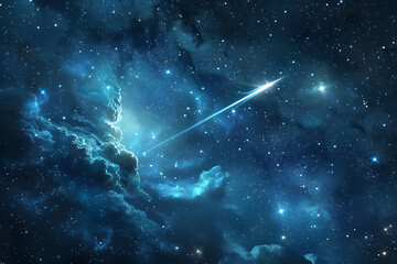 A spectacular shooting star streaks across a night sky filled with twinkling stars and cosmic wonders