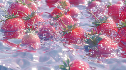 Strawberries and water, light silver and light pink style, anime