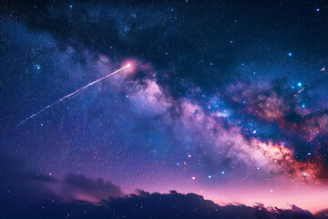 A spectacular shooting star streaks across a night sky filled with twinkling stars and cosmic wonders
