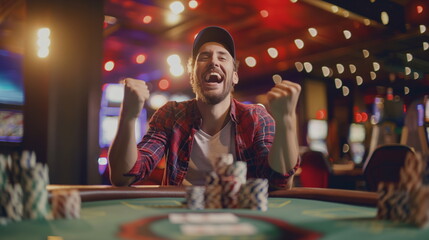 Happy Poker player celebrating inside a poker room