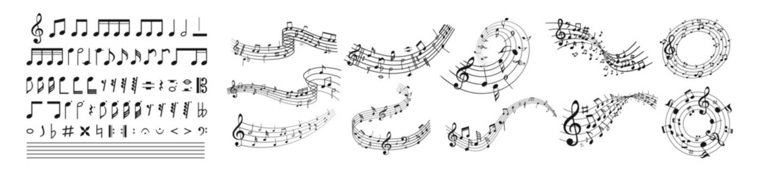 Music notes wave isolated, group musical notes background. Musical notes melody on transparent background