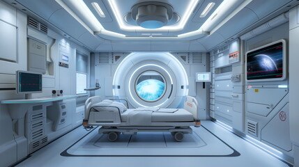 High-tech medical room on a spaceship, featuring a bed and sophisticated monitoring devices
