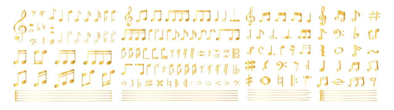 Big set of gold music notes icon, Music notes symbol