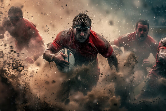 Group of Rugby Players Running Through a Field