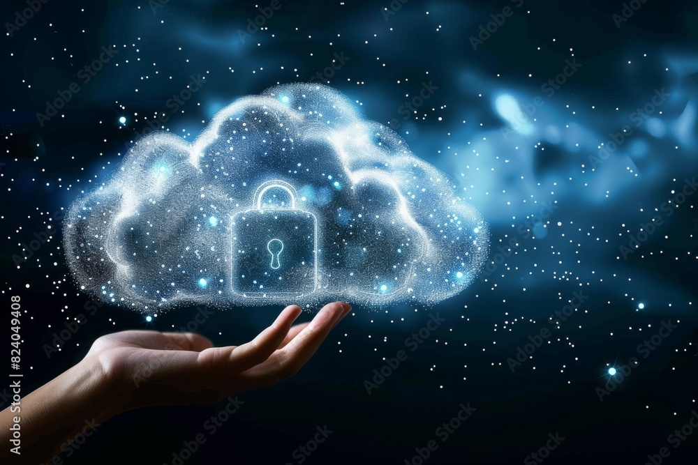 Poster hands holding a glowing digital cloud with a lock, representing robust cloud security and data prote