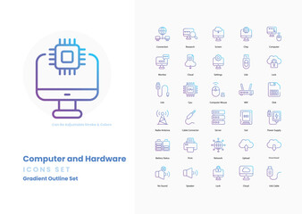 Computer and hardware icons collection. Set contains such Icons as Computer, Laptop, Desktop, Monitor, Keyboard, Mouse, CPU, GPU, RAM, Hard Drive, SSD, and more