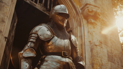 knight in shining armor standing guard at the entrance to a castle