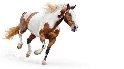 Brown and White Horse Running Across White Background