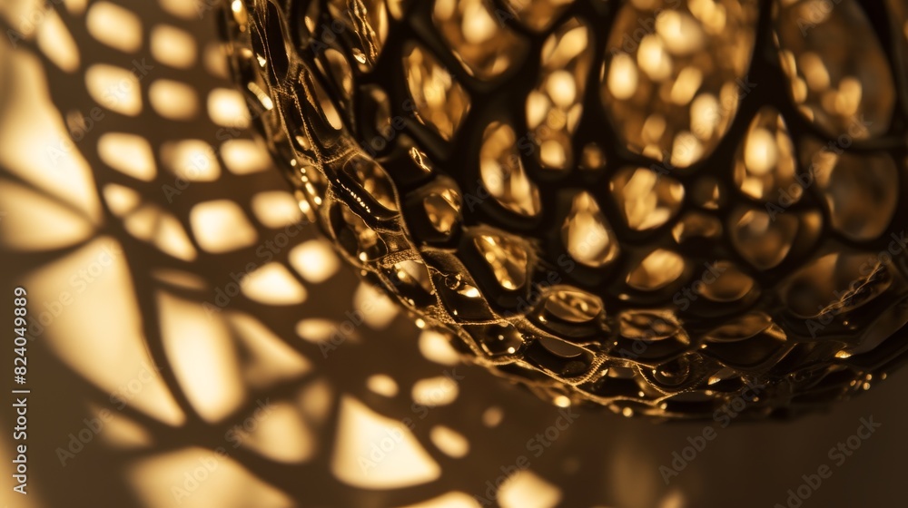 Poster intricately patterned golden sphere casting a shadow and light pattern on a plain surface, showcasin