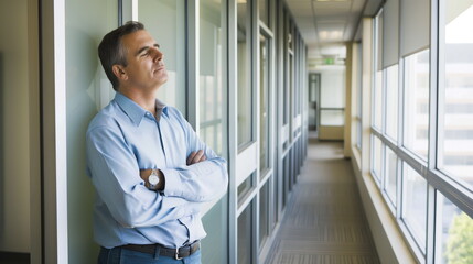 Man with closed eyes leaning against the wall, as if trying to calm down in the office environment