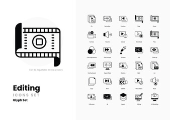 editing icons collection. Set contains such Icons as Edit, Cut, Copy, Paste, Undo, Redo, Crop, Rotate, Resize, Adjust, Enhance, Filter, Effects, Layers, and more