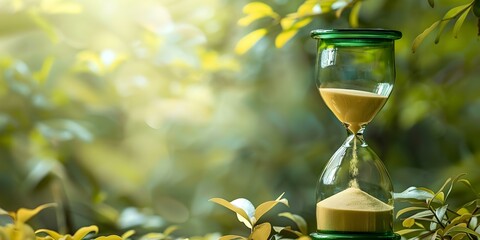 Green hourglass with sand against nature background symbolizing passage of time. Concept Time Passing, Nature Symbolism, Hourglass Metaphor, Green Hourglass, Passage of Time