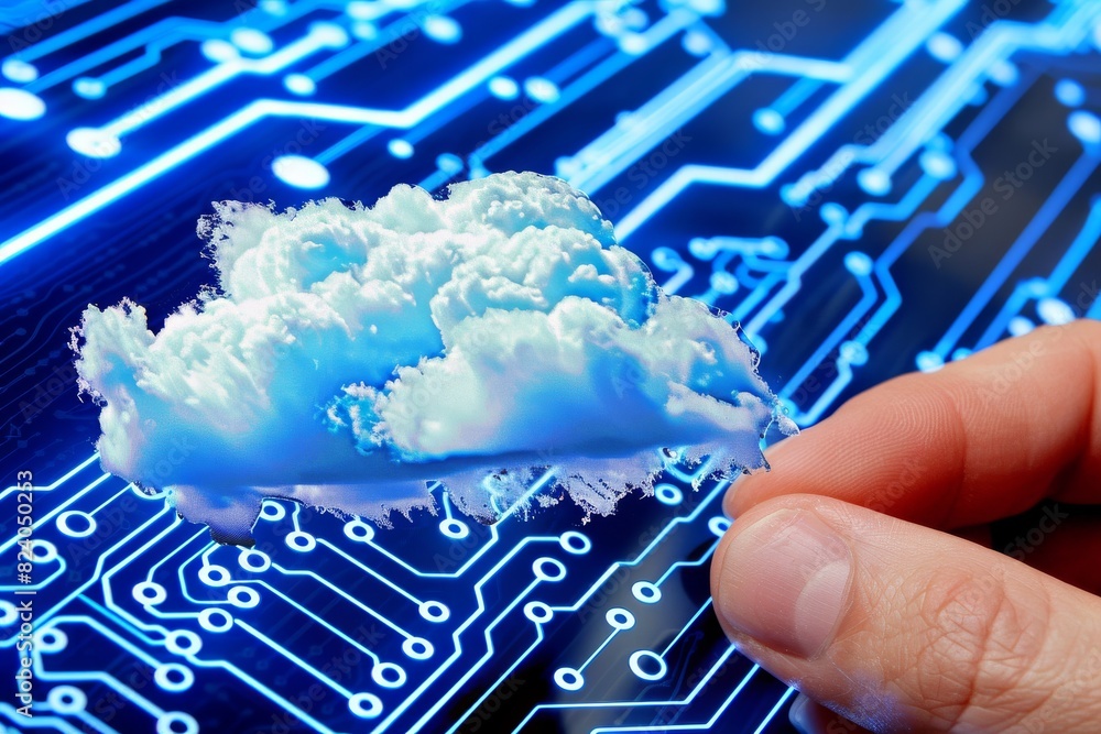 Poster hand holding a glowing digital cloud with a lock, emphasizing secure cloud technology and data prote