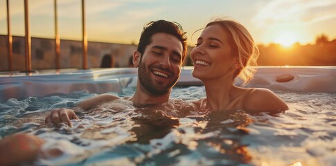 Young couple enjoying a romantic moment in a hot tub during sunset, smiling and relaxing together