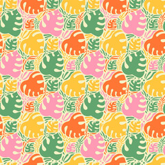 Colorfull seamless summer pattern with monstera  leaves for fabric, wallpaper, banner,  wrapping paper