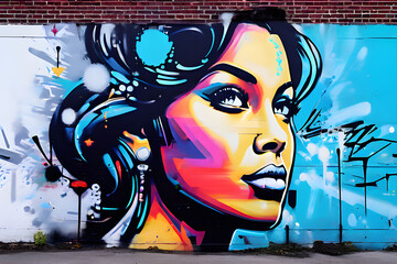 Stylish street graffiti with a woman's face on a brick wall.