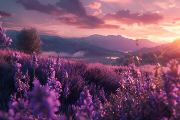 Fototapeta premium A vast lavender field in full bloom under a clear sky