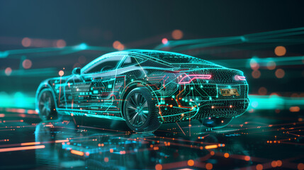 hologram of 3d model of electric car engineering, futuristic project and development of vehicle, transportation concept, electronics in auto industry, holographic modern design