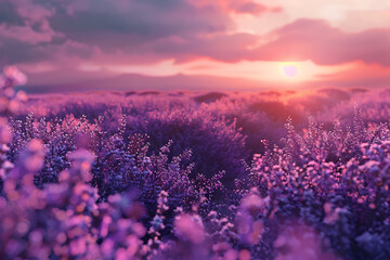 A vast lavender field in full bloom under a clear sky