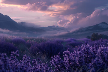 Obraz premium A vast lavender field in full bloom under a clear sky