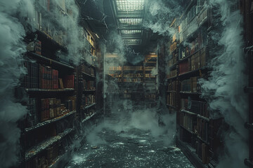 A neglected library with dusty shelves and cobweb-covered books, where the musty scent of decay hangs heavy in the air. Concept of literary neglect. Generative Ai.