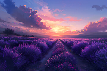 A vast lavender field in full bloom under a clear sky