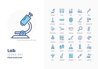 Lab icons collection. Set contains such Icons as test tube, flask, beaker, microscope, petri dish, pipette, bunsen burner, laboratory glassware, and more
