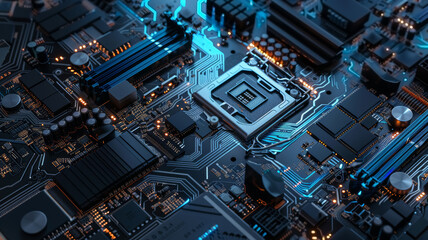 Glowing electronic circuit board technology and tech science background. 