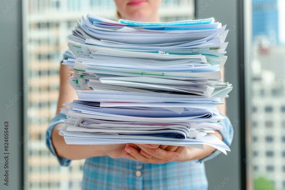 Poster Organized Office: A Person Holding a Colorful Stack of Folders and Documents, Representing Effective File Management and Organization in a Busy Workplace Environment, Generative AI