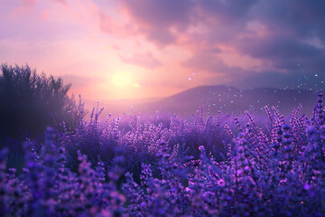 A vast lavender field in full bloom under a clear sky