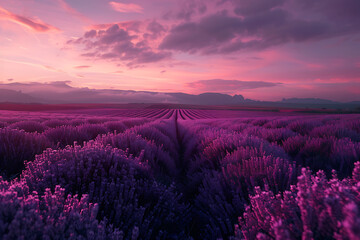 Fototapeta premium A vast lavender field in full bloom under a clear sky