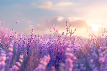 Naklejka premium A vast lavender field in full bloom under a clear sky