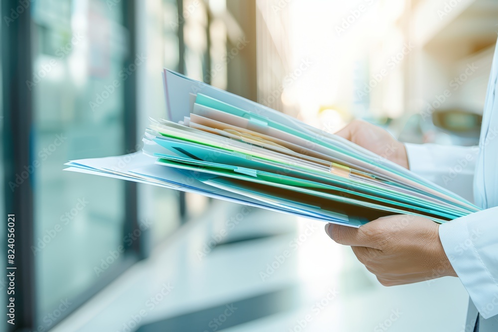 Aufkleber Efficient Document Handling: A Professional Organizing a Large Stack of Papers Over a Laptop, Highlighting the Demands and Efficiency Required in Modern Office Workflows, Generative AI