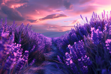 Naklejka premium A vast lavender field in full bloom under a clear sky