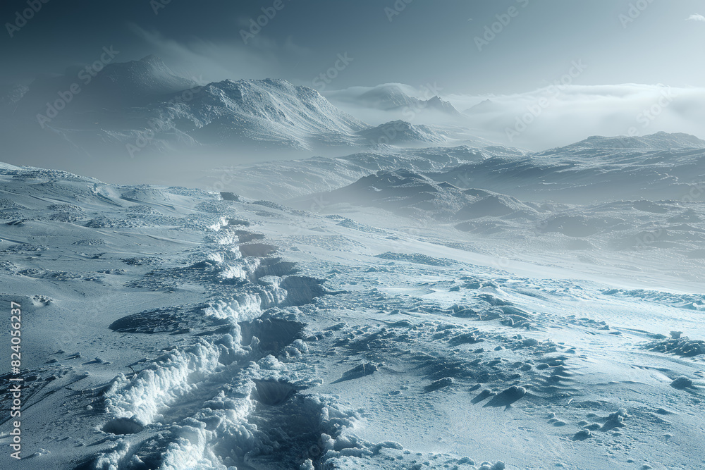 Poster A desolate tundra landscape where icy winds whip across barren plains, where the only signs of life are the occasional polar bear tracks. Concept of Arctic desolation. Generative Ai.