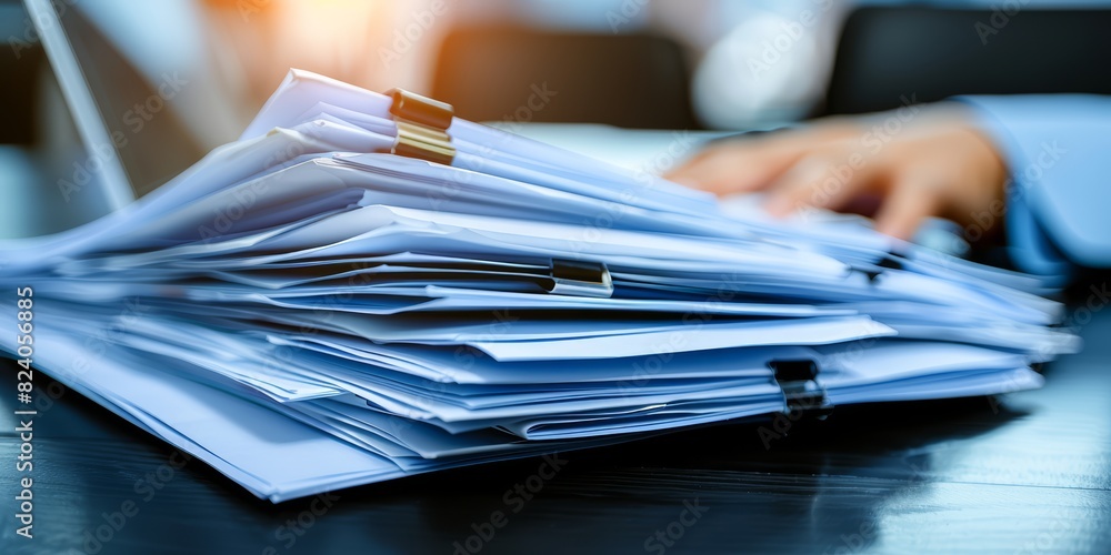 Aufkleber Organized Office: A Person Holding a Colorful Stack of Folders and Documents, Representing Effective File Management and Organization in a Busy Workplace Environment, Generative AI