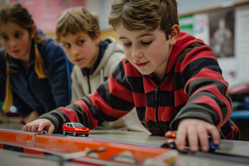 Fototapeta premium Inspired learners experimenting with the principles of friction and motion through activities with ramps, cars, and various surfaces. Concept of physics and kinetic energy. Generative Ai.