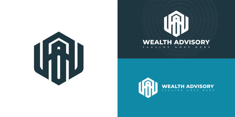 Abstract initial hexagon letter WA or AW logo in blue color isolated on multiple background colors. The logo is suitable for business and investment advisor service logo design inspiration templates.
