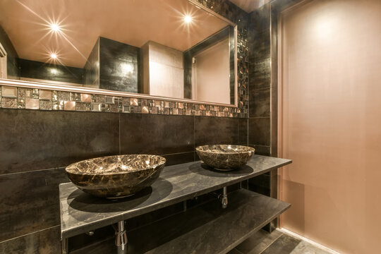 Luxurious marble bathroom interior with dual sinks