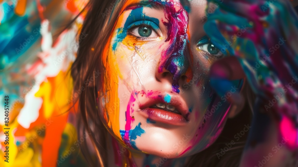 Poster a female face is artistically adorned with splashes of vibrant paint, creating a dynamic and colorfu