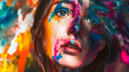 A female face is artistically adorned with splashes of vibrant paint, creating a dynamic and colorful abstract portrait.