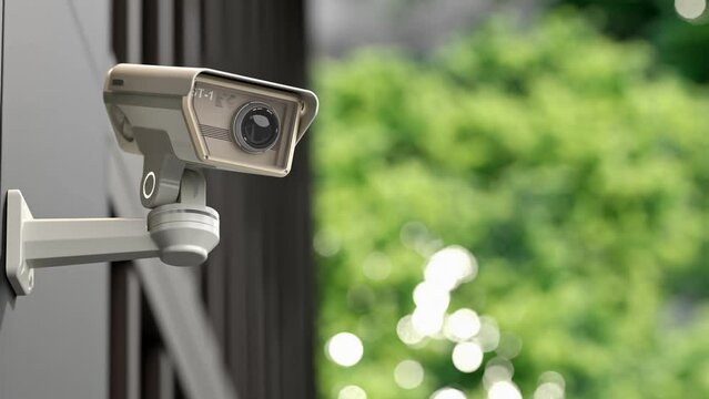CCTV camera installed on wall of the building. Scan the area for surveillance purposes. Can be used background in security work. Animation, 3D Render.	