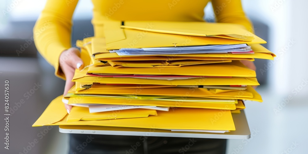 Aufkleber Efficient Document Handling: A Professional Organizing a Large Stack of Papers Over a Laptop, Highlighting the Demands and Efficiency Required in Modern Office Workflows, Generative AI
