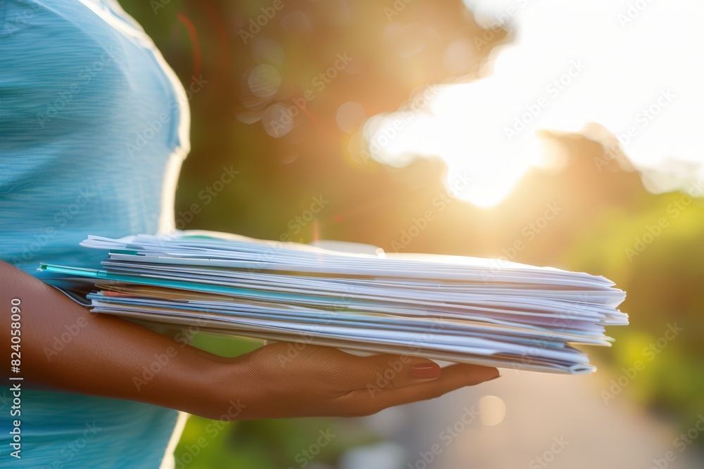Aufkleber Organized Office: A Person Holding a Colorful Stack of Folders and Documents, Representing Effective File Management and Organization in a Busy Workplace Environment, Generative AI