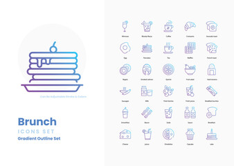 Brunch icons collection. Set contains such Icons as breakfast, lunch, eggs, pancakes, waffles, bacon, toast, coffee, juice, mimosas, avocado toast, and more