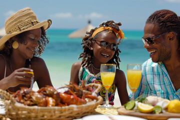 A happy Jamaican family enjoying a beach picnic, feasting on fresh seafood and dancing to the...