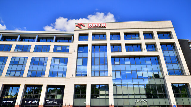 Warsaw, Poland. 18 May 2024. PKN Orlen. The headquarters of the Polish oil company. Orlen Company logotype on the top of building.