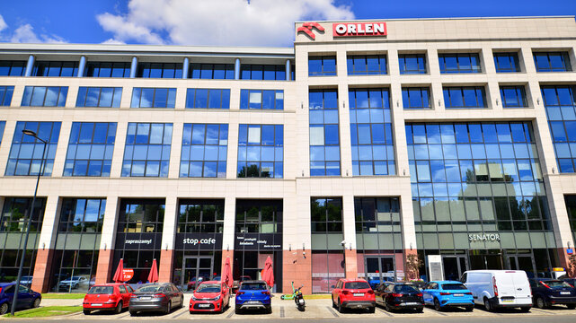 Warsaw, Poland. 18 May 2024. PKN Orlen. The headquarters of the Polish oil company. Orlen Company logotype on the top of building.