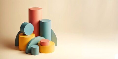 Composition With Minimalist Toy in Geometric Shapes and Pastel Colors - Modern Art and Decoration. Copy Space. Wideview.